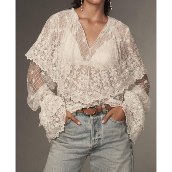 Forever That Girl Long-Sleeve white Lace-Bib Blouse M - Picture 1 of 3